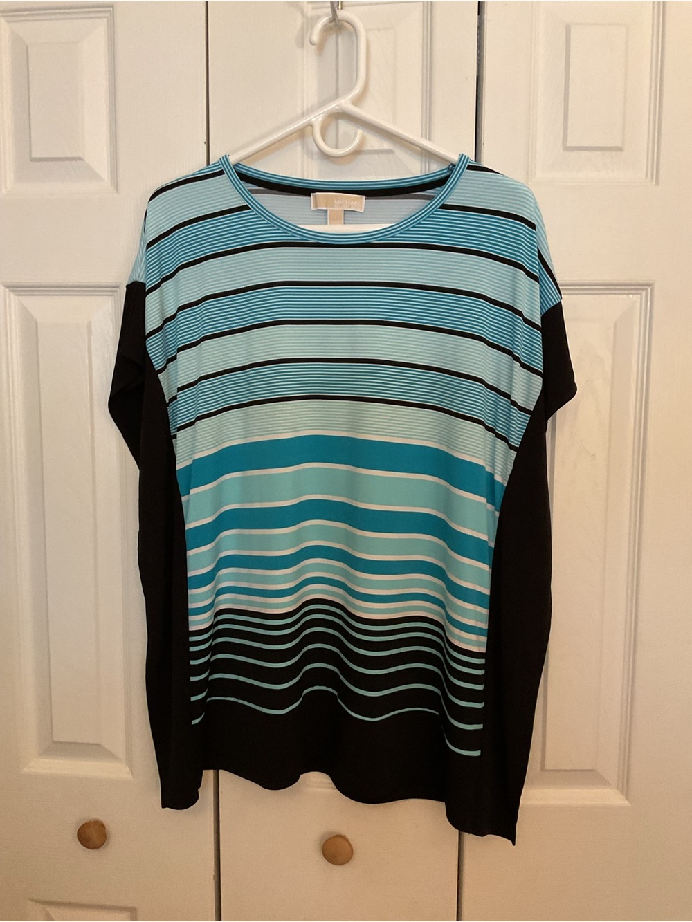 Michael Kors Teal & Black Striped Crew Neck Top